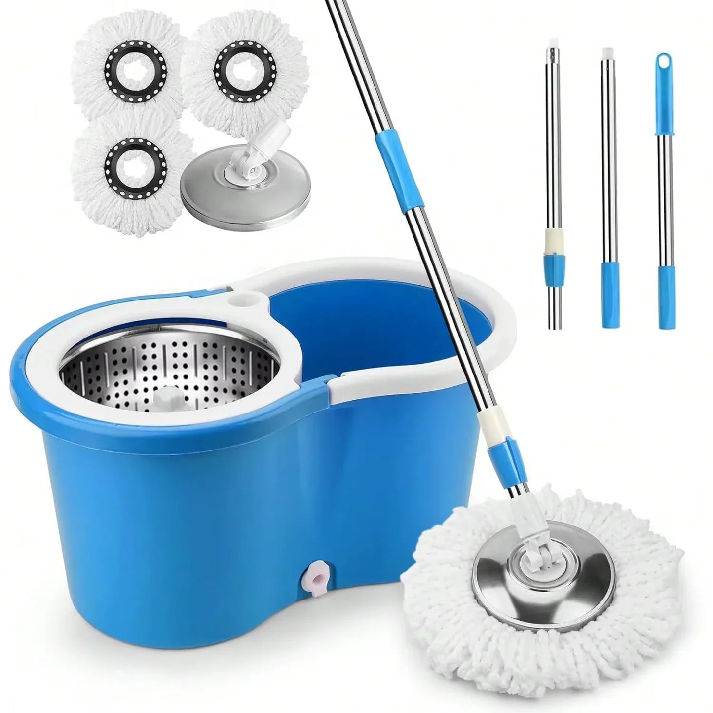 Spin Mop & Bucket Set for Floor Cleaning – 360° Rotation, Built-In Soap Dispenser, Stainless Steel Handle, 2 Reusable Heads