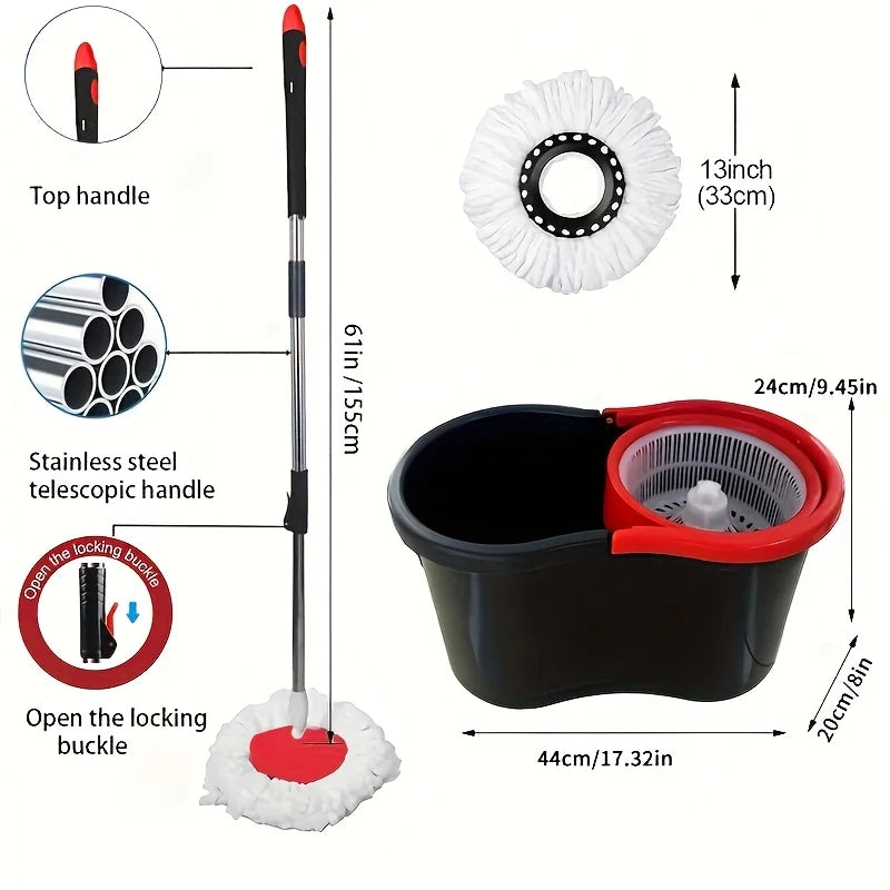 Spin Mop & Bucket Set for Floor Cleaning – 360° Rotation, Built-In Soap Dispenser, Stainless Steel Handle, 2 Reusable Heads