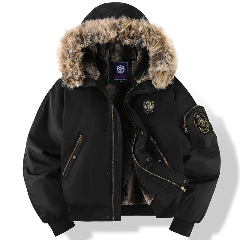 Men’s Oversized Black Aviator Winter Jacket – Detachable Faux Fur Hood, Embroidered Badge, Windproof Coat with Zipper Pockets