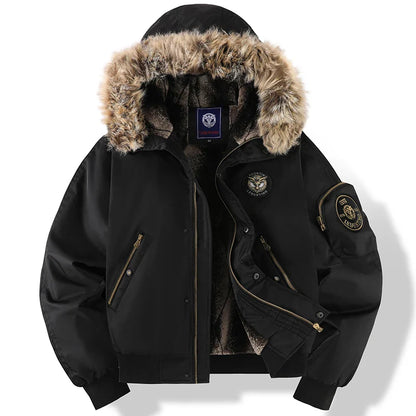 Men’s Oversized Black Aviator Winter Jacket – Detachable Faux Fur Hood, Embroidered Badge, Windproof Coat with Zipper Pockets