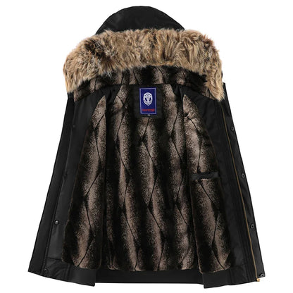 Men’s Oversized Black Aviator Winter Jacket – Detachable Faux Fur Hood, Embroidered Badge, Windproof Coat with Zipper Pockets