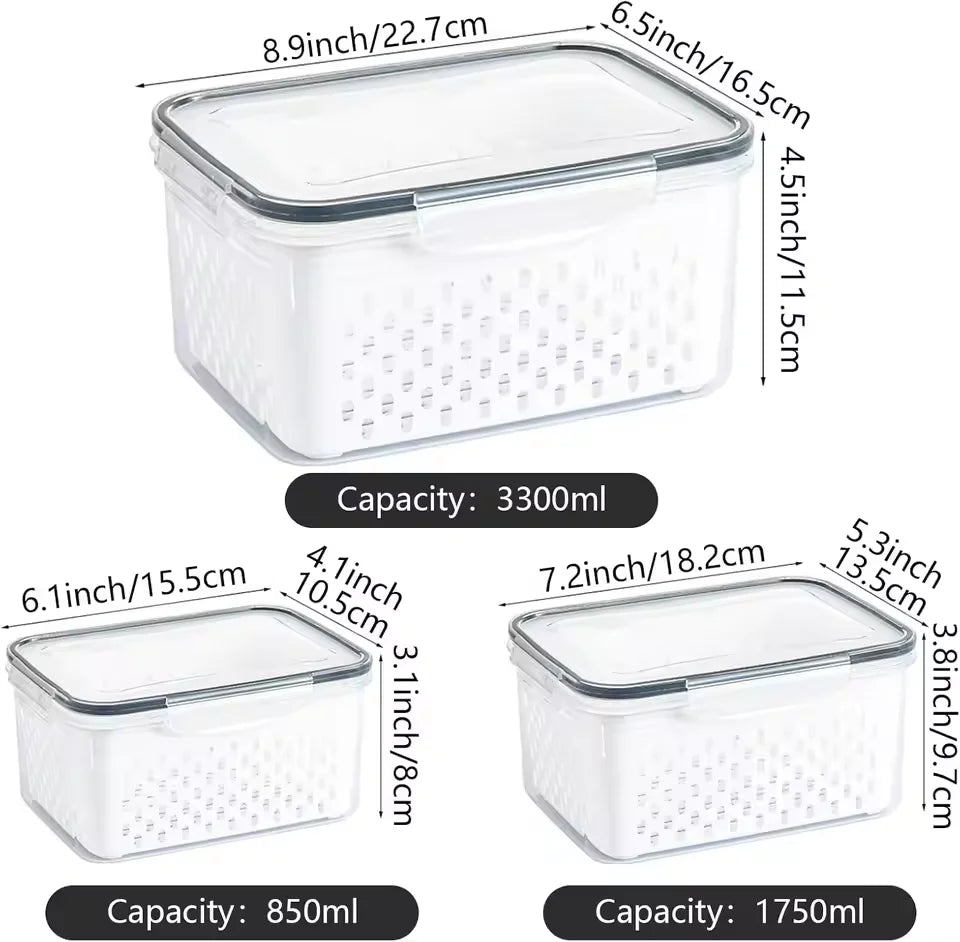 3-Pack Produce Storage Containers for Fridge – 4-in-1 Fruit & Vegetable Bins with Lids and Removable Colanders, Leakproof Fresh Keeper Organizer Set