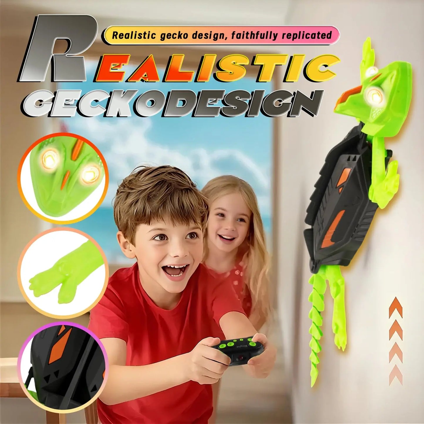 Wall Climbing RC Gecko Toy, Rechargeable Remote Control Lizard with LED Eyes, Dual Mode Floor & Wall Climbing Toy Gift for Kids